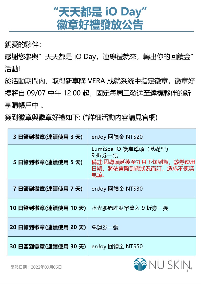 “天天都是 iO Day” 徽章好禮發放公告｜NU SKIN 如新台灣